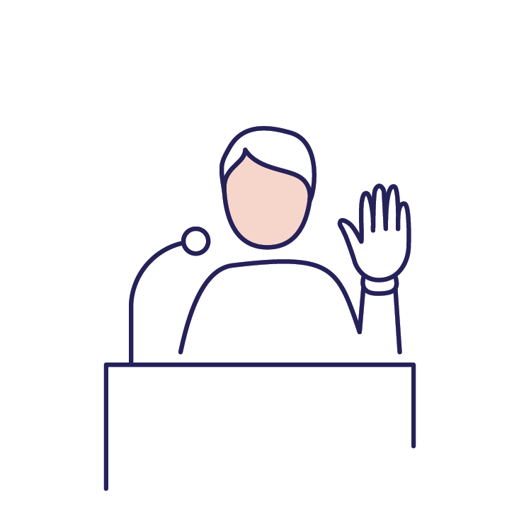 Person at lectern with microphone with hand raised